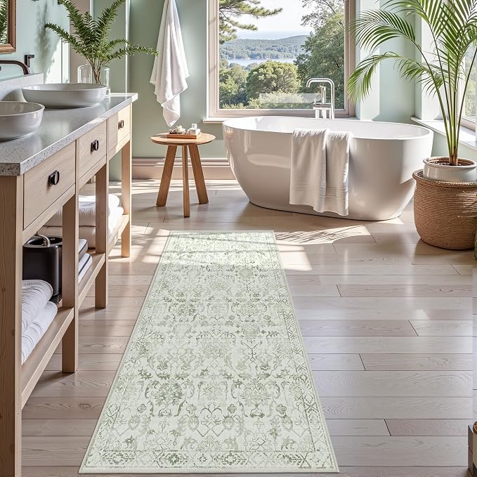 Sage Green 2x5 Runner Rug for Hallways Bed Side Kitchen, Boho Washable Distressed Low-Pile Floor Entryway Long Bathroom Mat, Non-Slip Laundry Room Washstand Front Carpet Green 24x60 Inch