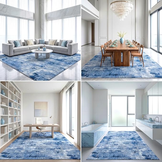 Washable Extra Large Area Rug for Living Room, 9'x12', Navy Blue | Pet & Kid Friendly, Water Stain Resistant, 0.3" Low Pile, Non-Slip Silicone-Grip Backing, Abstract Carpet