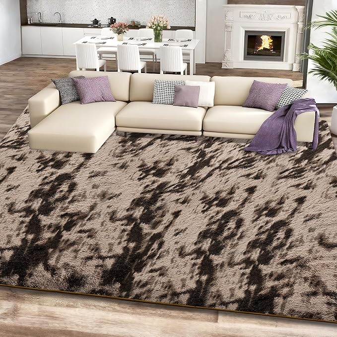 8x10 Tie-Dyed Brown Fluffy Shag Area Rugs for Living Room Bedroom | Ultra Soft Comfy, Large Fuzzy Shaggy Plush Carpet for Kids Boys Girls Teen Dorm, Modern Indoor Home Decor, Upgrade Non-Slip