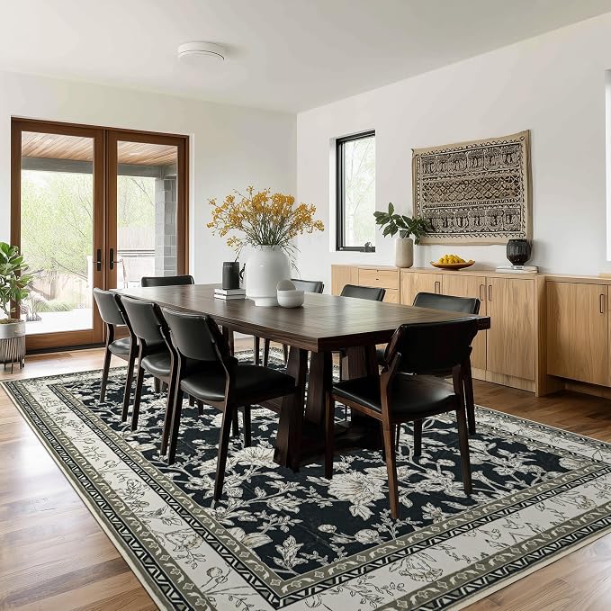 Large Black and Beige Area Rug 10x12 for Living Room Large Charcoal Cream Taupe Pattern Modern Boho for Bedroom Soft Vintage Area Rug Farmhouse Floral Carpet for Dining Room Guest Bedroom Home Decor