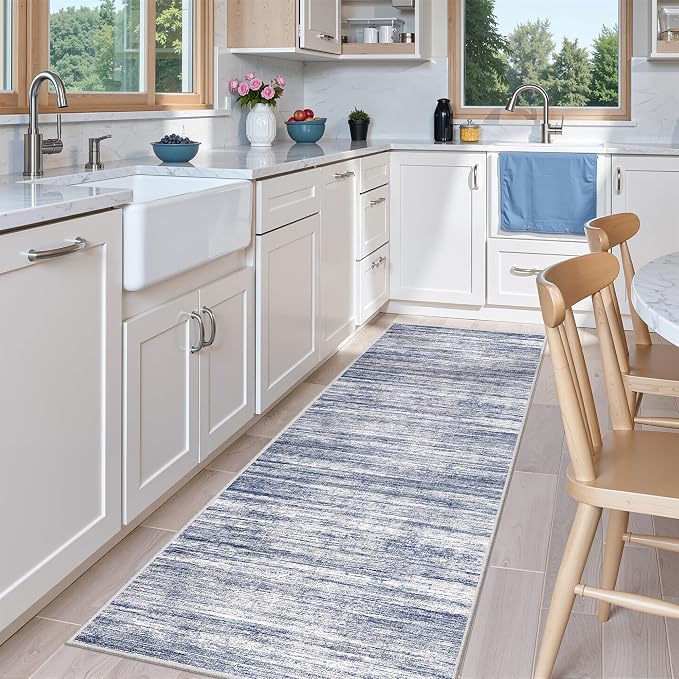 2x6 Runner Rug Non Slip,Washable Hallway Runner Rug,Blue | Neutral Rugs for Kitchen,Entryway,Bedroom,Bathroom,Nursery Room,Thin,Soft Runner Rug,Stain Resistant Indoor Carpet