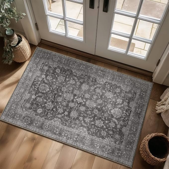 Washable 3x5 Entryway Rug, Boho Vintage Non-Slip Door Mat, Dark Grey | 0.3" Neutral Throw Small Rugs for Bedroom Kitchen Nursery Entrance, Cushioned for High-traffic Area