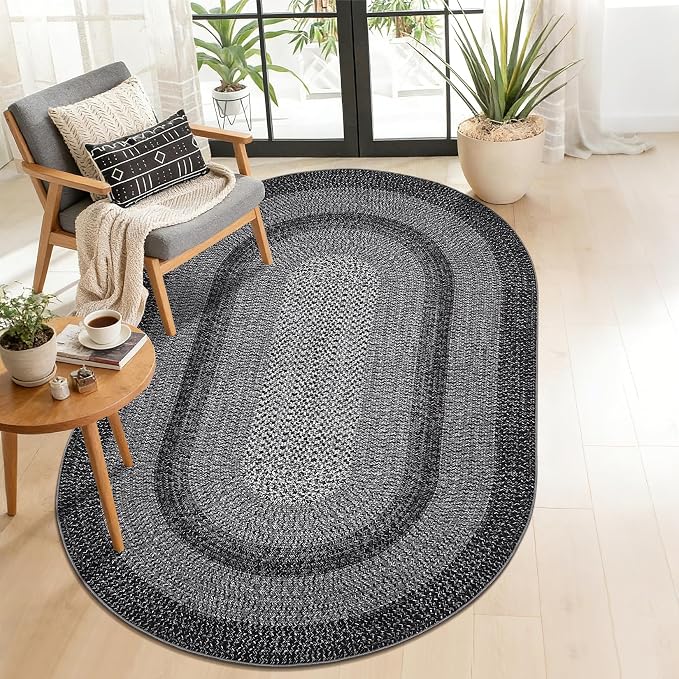 5x8 Oval Living Room Area Rug Washable Modern Border Bedroom Bedside Area Rugs Non Slip Low Pile Dining Room Oval Throw Carpet Contemporary Rugs for Living Room Kitchen Nursery, Black