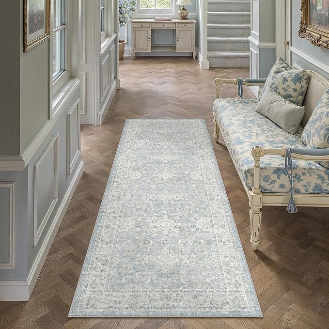 2x6 Blue Washable Runner Rug Non Slip Vintage Carpet | Soft Low Pile, Lightweight Foldable, Pet Friendly, Hallway, Kitchen, Bathroom, Front Door, Beside Bed