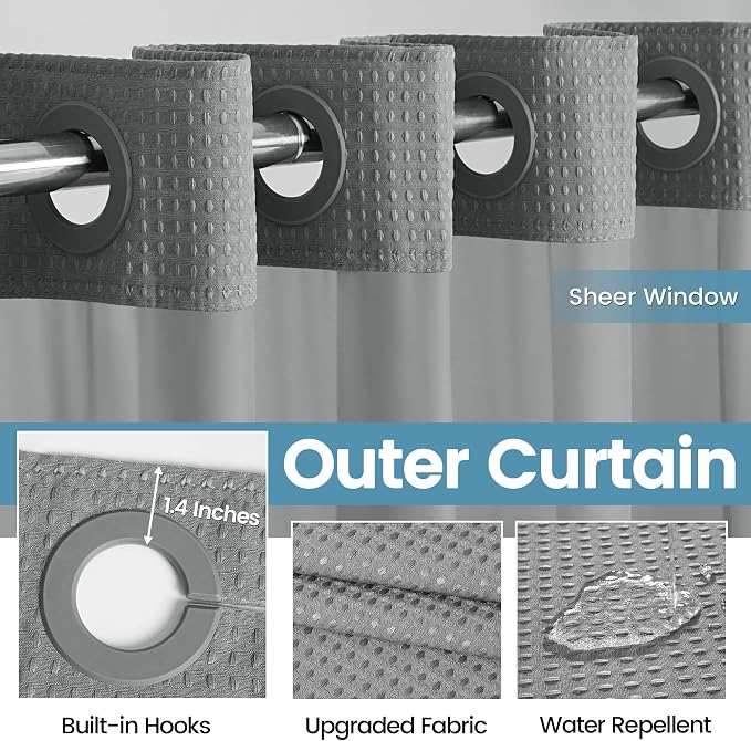 EUTXL Heavyweight Stall No Hook Shower Curtain with Snap in Liner,256GSM Waffle Weave Shower Curtains for Bathroom,36W x 74H,Grey