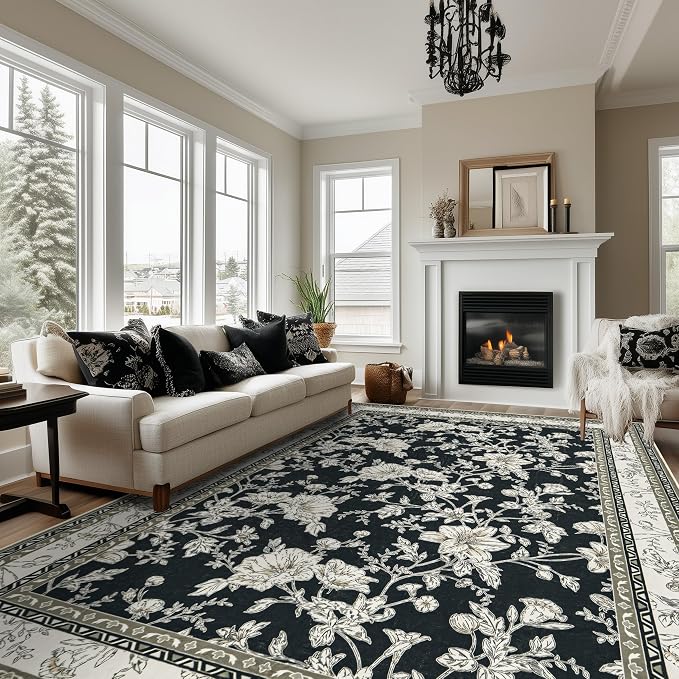 Large Black and Beige Area Rug 10x12 for Living Room Large Charcoal Cream Taupe Pattern Modern Boho for Bedroom Soft Vintage Area Rug Farmhouse Floral Carpet for Dining Room Guest Bedroom Home Decor