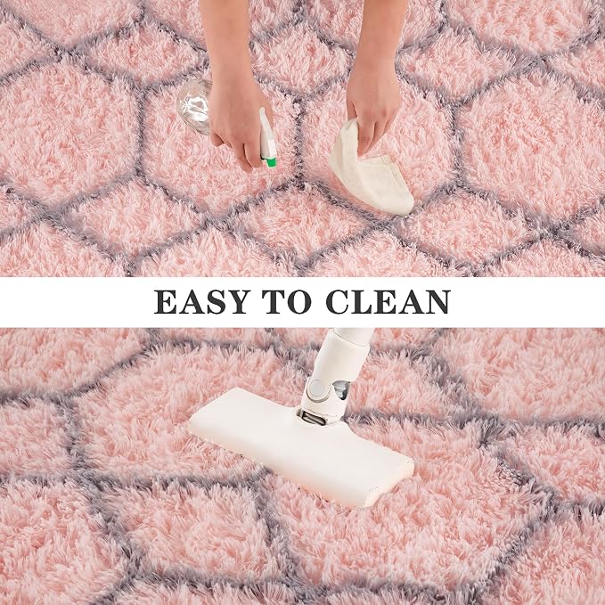 Fluffy Rug for Bedroom, Soft 5x7 Pink Shag Plush Geometric Area Rugs | Modern Pink and Grey Rug, Non Slip Carpet for Living Room, Aesthetic Home Decor, Fuzzy Floor Mat for Nursery Teen Dorm