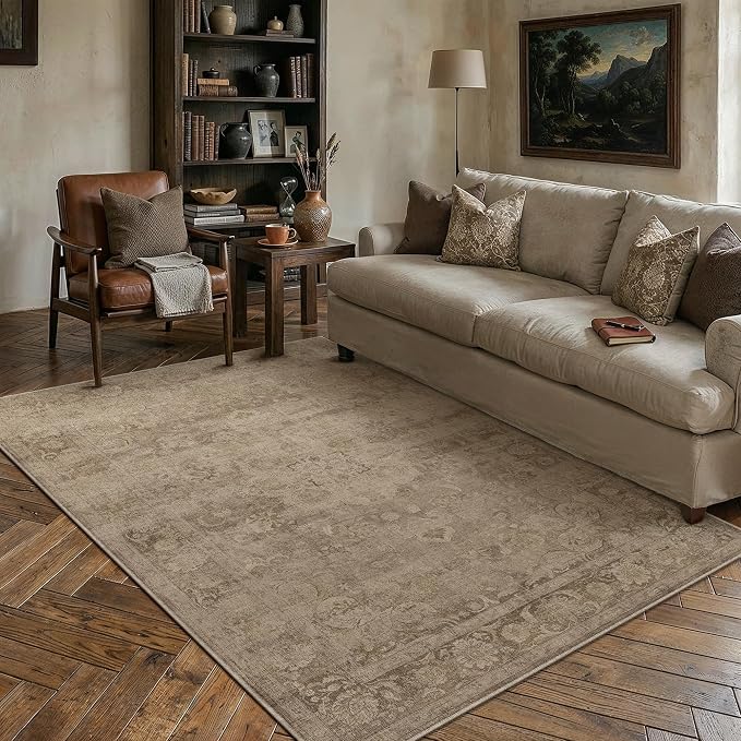 PureCozy Brown Area Rug 5x7 Washable Vintage Living Room Office Carpet Non Slip Soft Low Pile Distressed Medallion Indoor Floor Retro Throw Rug for Kitchen Bedroom Dining Room