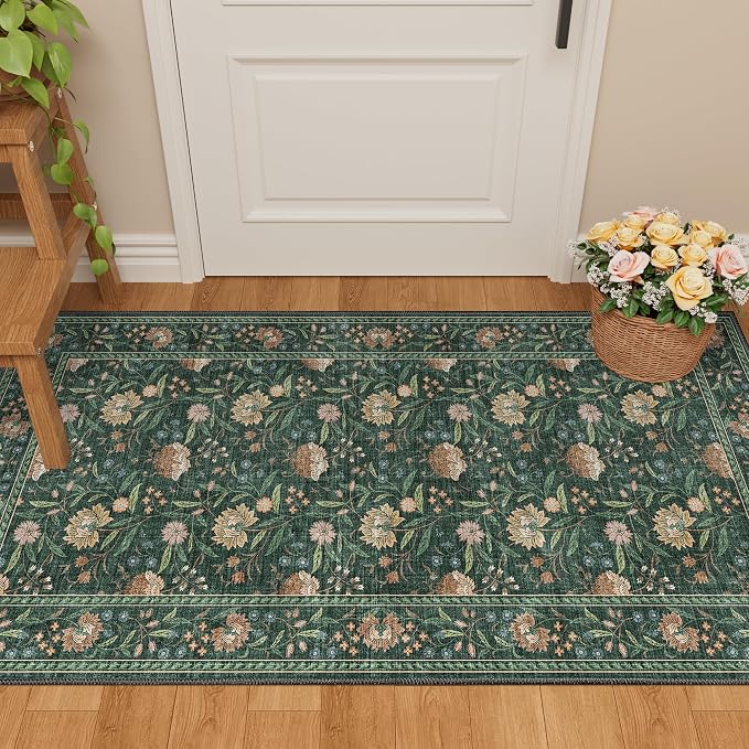 DUKINO 2x4 Rug, Washable Vintage Floral Entryway Rug Non Slip, Green | Low Pile, Non-Shedding, Stain Resistant Boho Lightweight Soft Indoor Carpet for Kitchen Bathroom Hallway Laundry Farmhouse