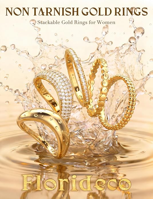 Florideco Stackable Rings for Women Non Tarnish 14K Gold Plated Chunky Rings Dainty Cubic Zirconia Thumb Ring Set Trendy Statement Dome Band Knuckle Promise Engagement Ring Size 6-10