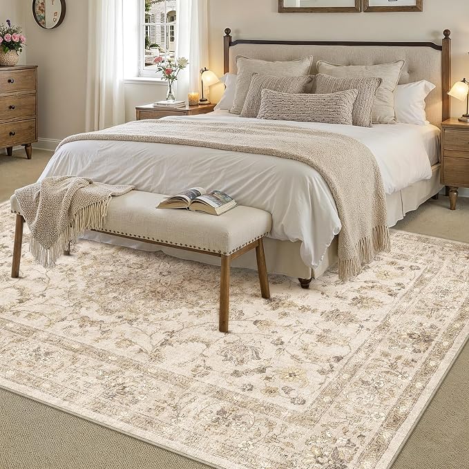 PureCozy 5x7 Beige Area Rug Washable Living Room Vintage Carpet Bedroom Distressed Non Slip Low Pile Thin Dining Room Office Medallion Accent Throw Rug