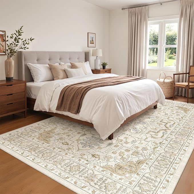 befbee 6x9 Area Rug for Living Rooms, Stain Resistant Neutral Washable Rugs for Dining Rooms, Floral Vintage Non-Slip Thin Large Size Area Rugs(Beige)