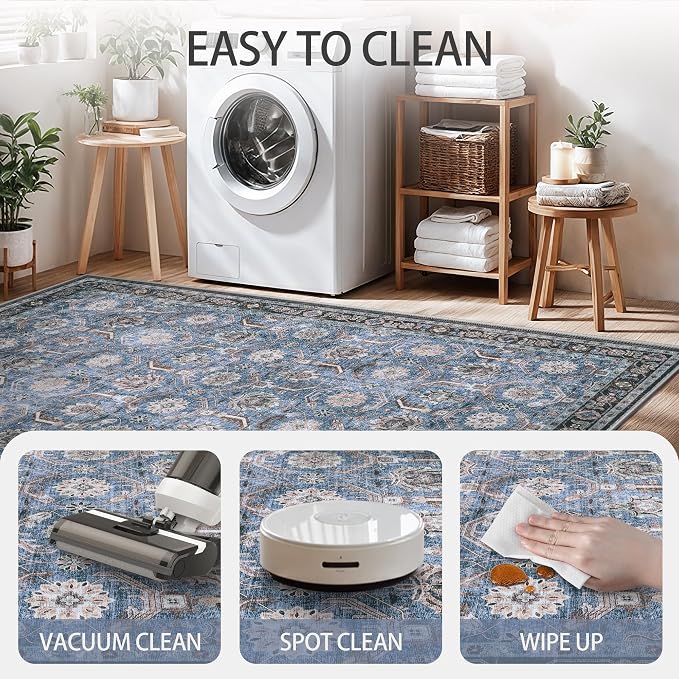 Living Room Rug 6x9, Soft Non Slip Low Pile Washable Rug, Boho Modern Area Rug for Bedroom, Dining Room, Blue