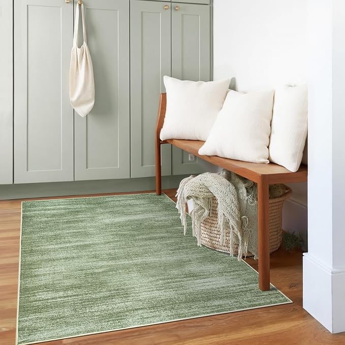BILEEHOME Modern Area Rug 4x6 Non Slip Olive Green Small Rugs for Dorm | Abstract Neutral, Office Chair Mat for Low Pile Floor Carpet, with Non Slip Washable, Dark Green, for Bedside Laundry Room