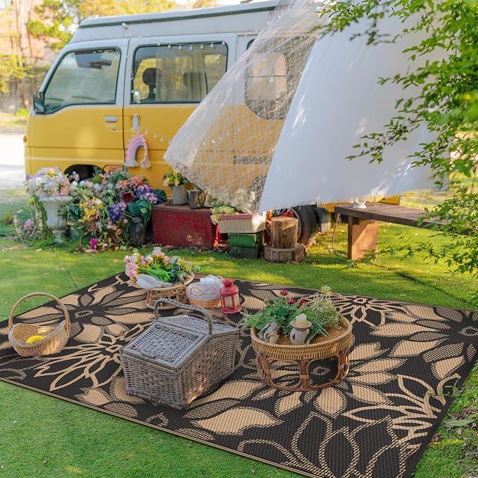 GENIMO Outdoor Rug, Waterproof Plastic Rugs for Patio, 5'x8' Brown | Outside Larger Leaf Carpet Mat for Porch Decor, Deck, Balcony, Camping, RV, Backyard, Picnic, Beach, Reversible, Foldable