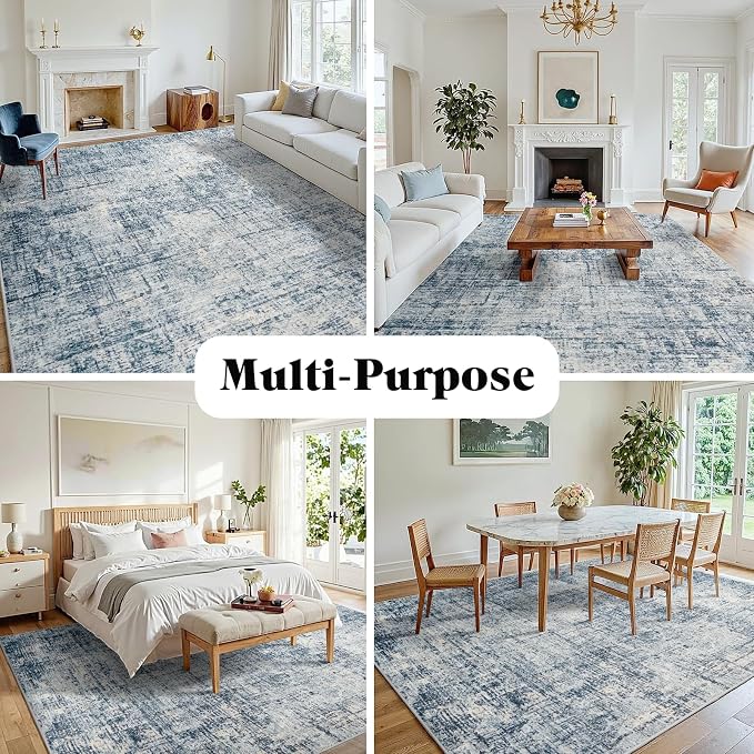 9x12 Area Rugs for Living Room Washable Rug: Anti-Skid Abstract Modern Living Room Rug Soft Thin Carpets Indoor Floor Non-Shedding Carpet for Bedroom Dining Farmhouse Nursery Home Office Blue Gold