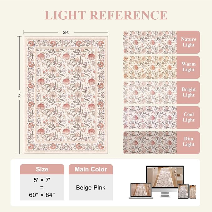 DUKINO 5x7 Area Rug, Vintage Floral Washable Rug for Living Room Beige Pink | Non Slip, Low Pile, Non-Shedding, Stain Resistant Lightweight Boho Soft Carpet for Bedroom Home Office Dining Room Farmhouse