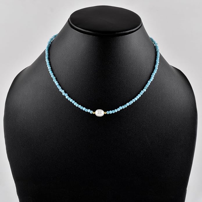 InfinityGemsArt Gemstone Gold Necklace For Women, Birthstone Natural Crystal Stone With Freshwater Pearl Beaded Jewelry, Gold Plated 18 Inch Chain