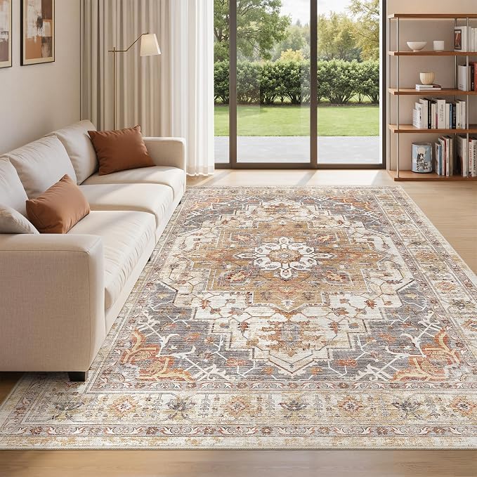 befbee 5x7 Area Rugs for Living Room,Stain Resistant Washable Rug,Non-Slip Backing Rugs for Bedroom,Kitchen,Printed Vintage Home Decor Rug (Turmeric/Grey, 5'x7')