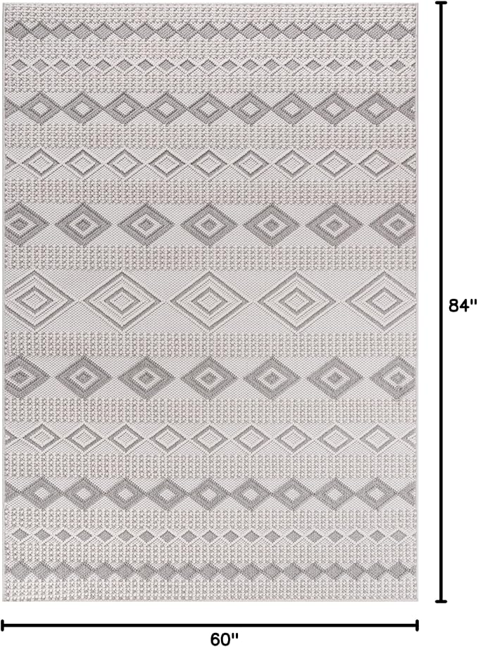 CAMILSON Micro Loop Rug 5x7 Modern Luxury Geometric Moroccan Diamond Area Rugs Soft High and Low Pile Stain Resistant Easy-Cleaning Non-Shedding for Living Room Office Indoor Carpet (5 x 7 White-Gray)