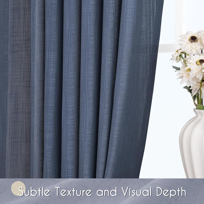 Navy Blue Curtains 102 inch Length for Bedroom Back Tab Light Filtering Semi Sheer Blue Living Room Curtains Linen Cotton Textured Indigo Blue Drapery Panel Modern Aesthetic Decor 42" Wx102" L