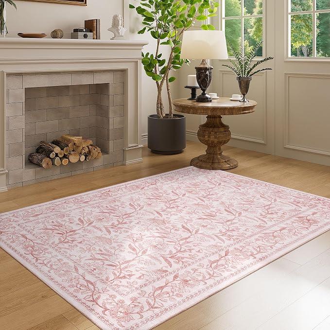 DUKINO 3x5 Rug Washable Vintage Floral Bedroom Area Rug Non Slip Light Pink | Low Pile, Non-Shedding, Stain Resistant Boho Lightweight Soft Indoor Carpet for Bathroom Office Dining Living Room Farmhouse
