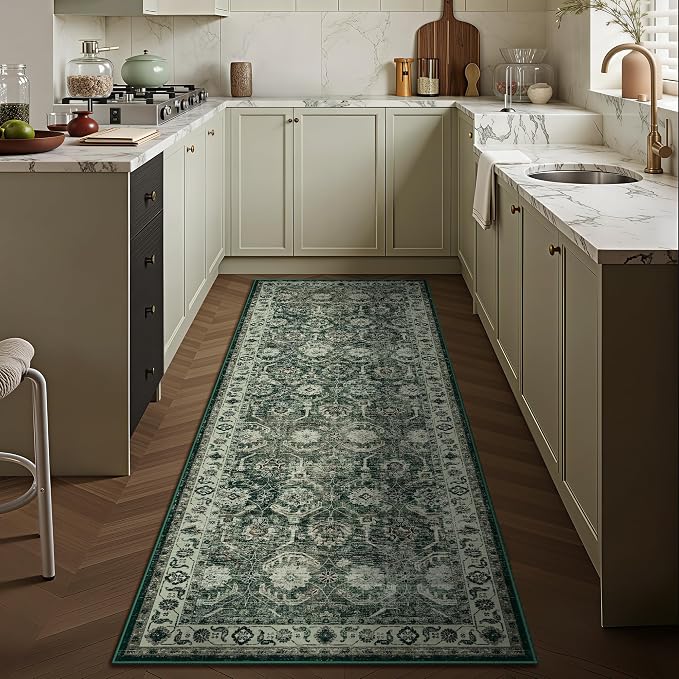 Runner Rug 2x6, Washable Non Slip Low Pile Kitchen Runner, Soft Boho Modern Rug for Hallways, Bedroom, Sage Green
