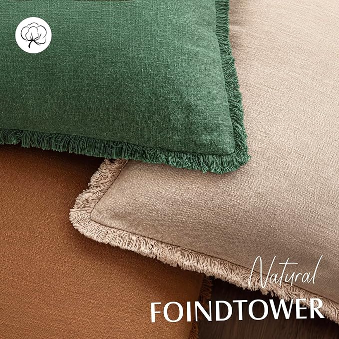 Foindtower Set of 2 Decorative Linen Fringe Throw Pillow Covers Cozy Boho Farmhouse Cushion Cover with Tassels Soft Accent Pillowcase for Couch Sofa Bed Living Room Home Decor, 16×16 Inch, Pine Green