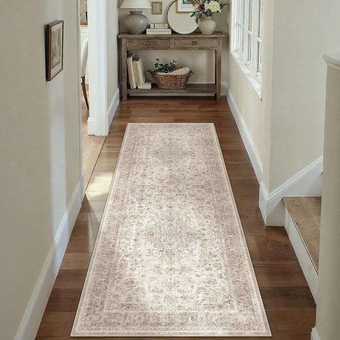 PureCozy 2x6 Washable Runner Rug Beige Vintage Traditional Oriental | Non Slip, Soft Low Pile, Hallway Carpet for Kitchen, Entryway, Laundry Room, Distressed Retro Decor