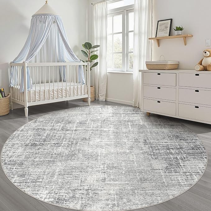 5ft Round Rug Living Room: 5x5 Washable Large Neutral Grey Circle Area Rug Abstract Soft Modern Stain Resistant Indoor Floor Non-Slip Carpet for Bedroom Nursery Kids Office Playroom Dining Room