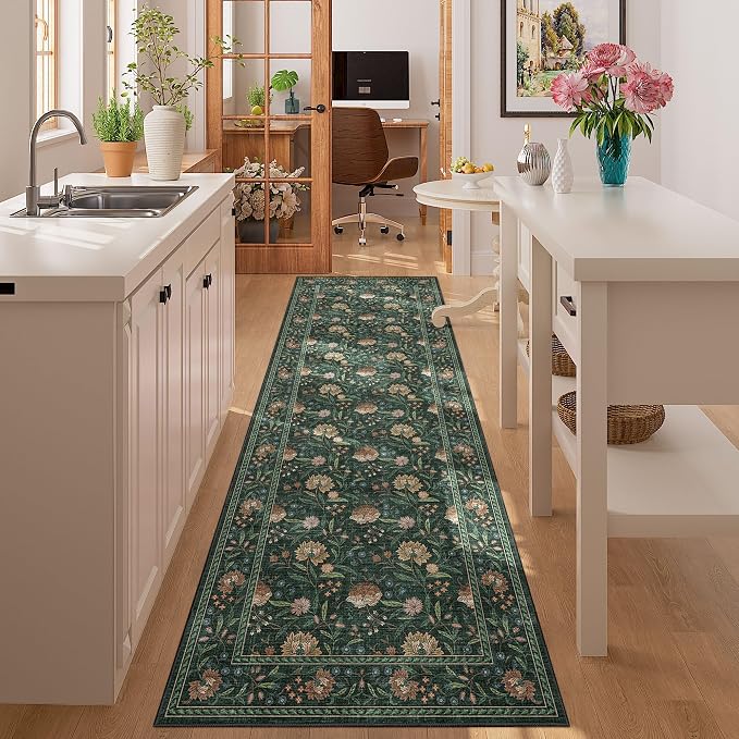 DUKINO 2.6x8 Runner Rug, Washable Vintage Floral Kitchen Runners Rug, Green | Non Slip, Low Pile, Non-Shedding Soft Carpet for Hallway Bathroom Laundry Entryway Bedroom Farmhouse, Kids and Pets Friendly