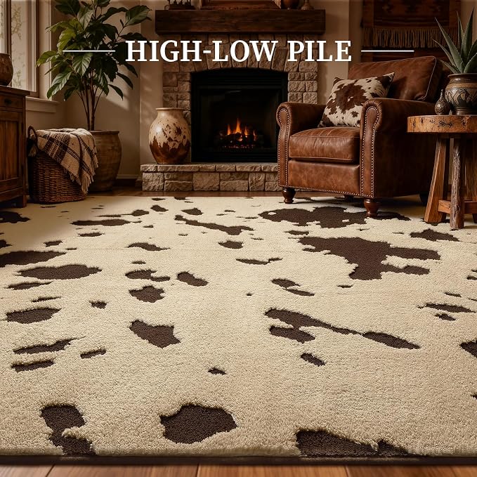 YIHOUSE Cowhide Area Rugs 5×7 Ft, Washable Plush Soft Brown and Cream Cow Rug, Non-Slip High-Low Pile Animal Carpet for Living Room, Bedroom, Dining Room, Nursery, Western Home Decor
