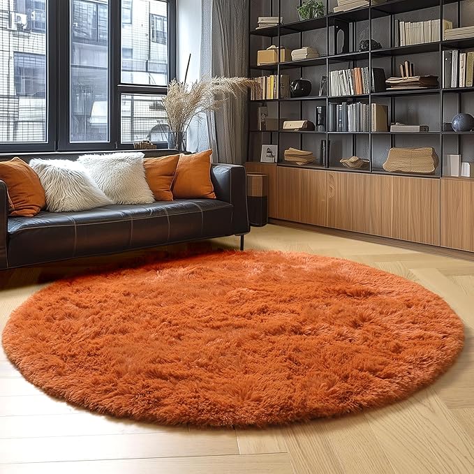 Amdrebio Burnt Orange Large Round Rugs 8Ft for Living Room Bedroom, Big Shaggy Plush Fuzzy Furry Circle Area Rugs for Kids Room Decor Aesthetic, Fluffy Shag Dark Orange Carpet for Apartment Classroom