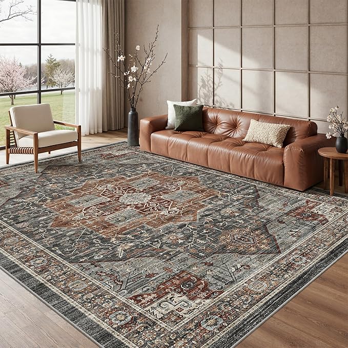 Roxstand 9x12 Washable Area Rug, Vintage Non Slip Rugs, Grey/Brown/Tan | Soft Low Pile Design, Stain Resistant,Pet & Kid Friendly,Carpet for Living Room, Bedroom, Dining Room and Office Decor