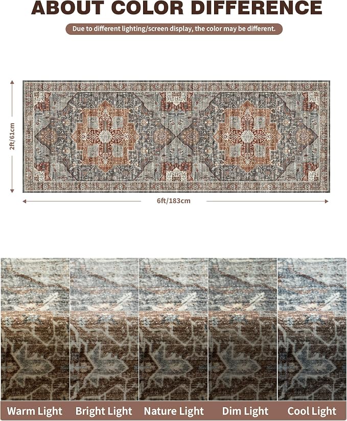 Roxstand 2x6 Washable Runner Rug, Non Slip Hallway Rugs Grey/Brown/Tan | Low Pile Vintage Rug, Stain Resistant, Distressed Runner Rugs for Entryay, Living Room, Bedroom Kitchen Laundry