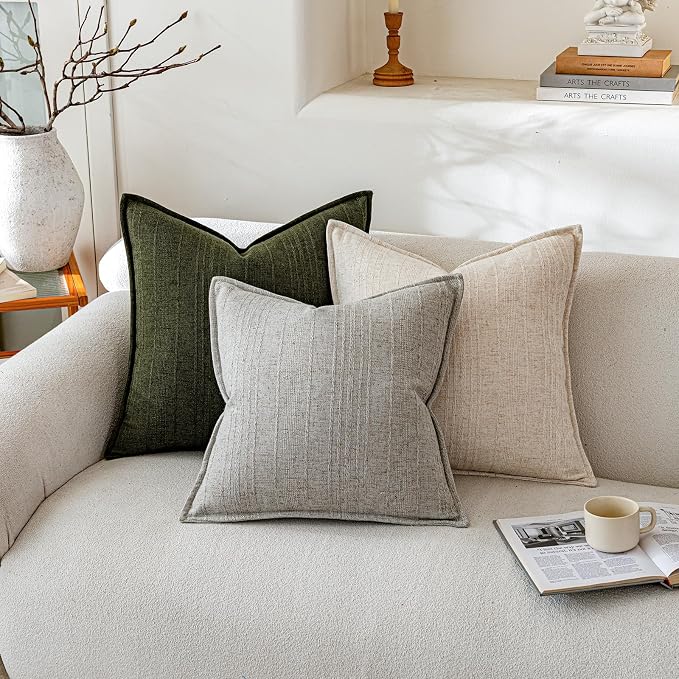 a moment Linen Pillow Covers Set of 2,Boho Farmhouse Throw Pillowcases Neutral Textured Decorative Covers for Couch Sofa,Linen Blend Accent Case Cushion Living Room Home Decor 26"x26"Dark Green