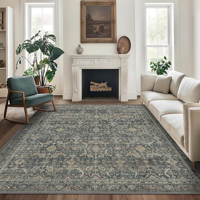 BESBLEE 5X7 Area Rugs Machine Washable Rugs for Living Room, Vintage Boho Large Rugs for Bedroom Dining Room, Non Slip Indoor Soft Distressed Lightweight Thin Low Pile Carpet, Deep