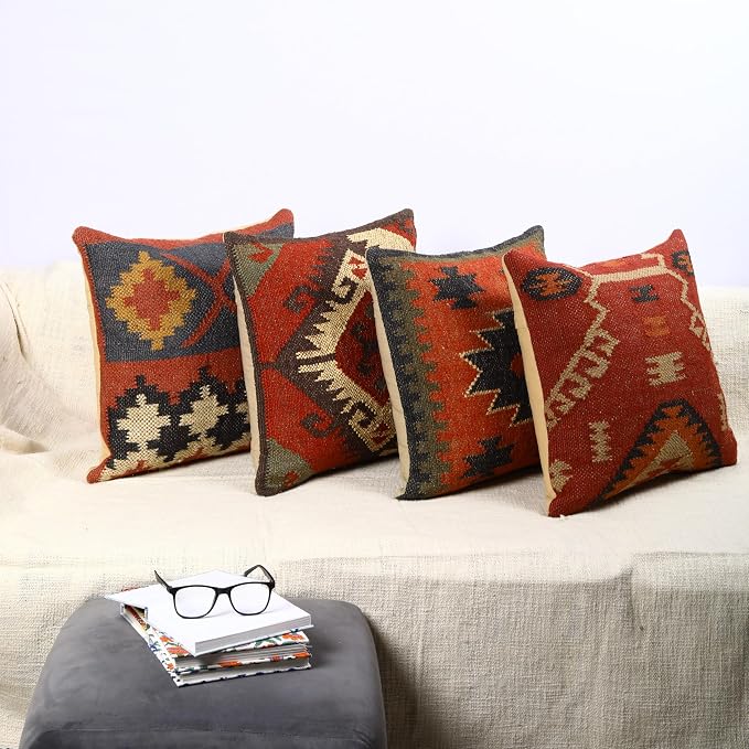 Trade Star 70% Jute 30% Wool Pillow Cover Throw Pillow Cover Ethnic Rug Pillow Covers Authentic Decorative Thick Cushion Case Kilim Cushion Cover Set of 4 Decorative Handwoven Pillowcase (Kilim 4)