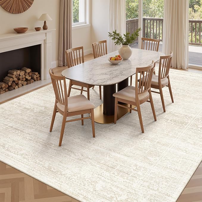 Soalmost Living Room 10x14 Area Rugs, Washable Soft Rug Beige/Cream | Low Pile Non-Slip Stain Resistant Extra Large Thin Rug, Vintage Throw Carpet for Dining Room Bedroom Farmhouse Home Office