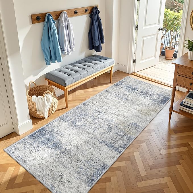 3x8 Runner Rug Non Slip,Washable Hallway Runner Rug,Blue | Neutral Rugs for Kitchen,Entryway,Bedroom,Bathroom,Nursery Room,Thin,Soft Runner Rug,Stain Resistant Indoor Carpet