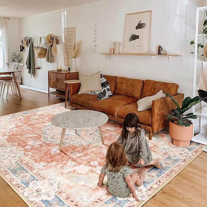 MUJOO 6x9 Area Rugs Washable Rug Non Slip Low-Pile Floral Large | Machine Washable Throw Carpet for Living Room Bedroom Dining Room Soft Indoor Vintage Abstract Flowers Orange Navy Blue