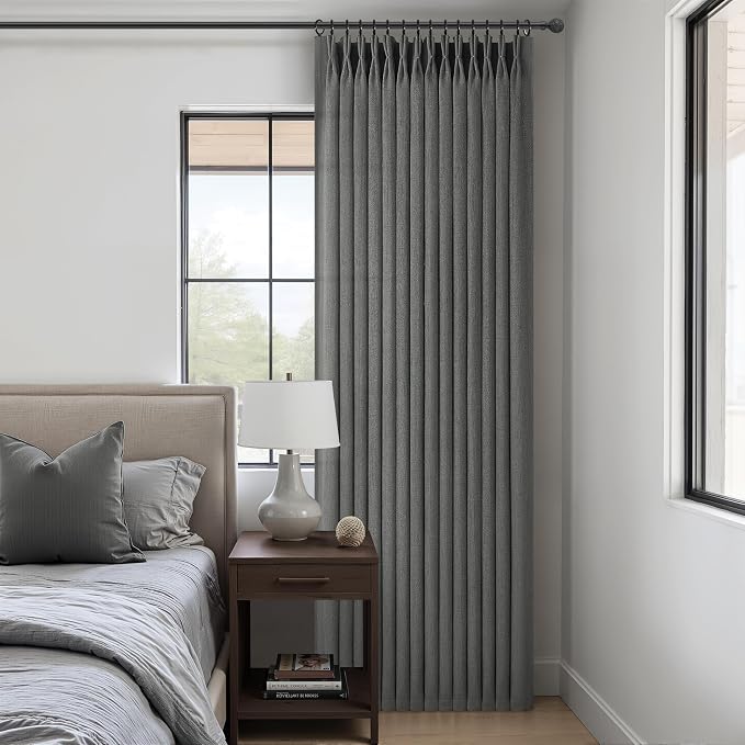 Dark Gray Sheer 90 Inches Long Bedroom Curtains 2 Panels Set, Pinch Pleated Faux Linen Semi Through Privacy Sheer Curtain That Let Light in Dining Room Charcoal Grey 7-1/2 FT Luxury Drapes Hooks Rings