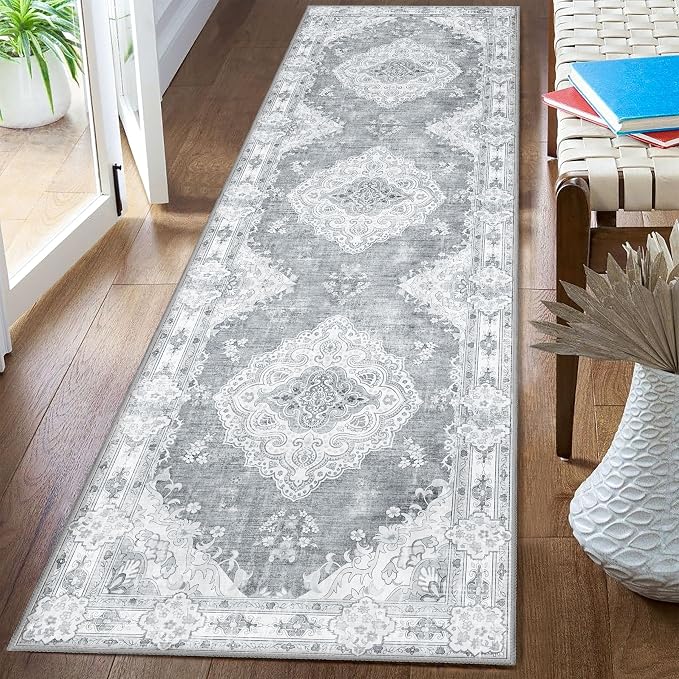 MUJOO Grey Runner Rug Washable 2x8 Area Rugs Non Slip Low-Pile Floral | Long Throw Carpet for Hallways Entryway Kitchen Bathroom Bedside Bedroom Laundry Boho Soft Indoor Vintage Bohemian Flowers