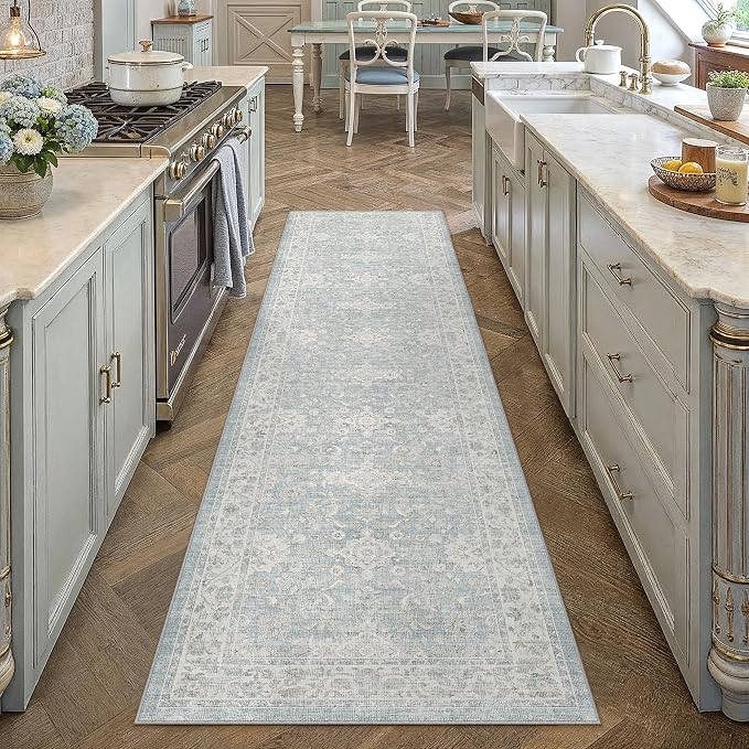 2x8 Blue Washable Runner Rug Non Slip Vintage Carpet | Soft Low Pile, Lightweight Foldable, Pet Friendly, Hallway, Kitchen, Bathroom, Front Door, Beside Bed