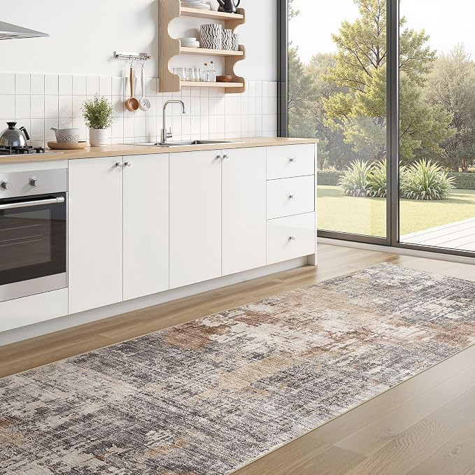 DMOYEST 3x10 Washable Runner Rug for Hallway: Soft Neutral Modern Abstract Low Pile Rug Indoor - Carpet for Bedroom Dining Room Kitchen Entryway - Grey Brown