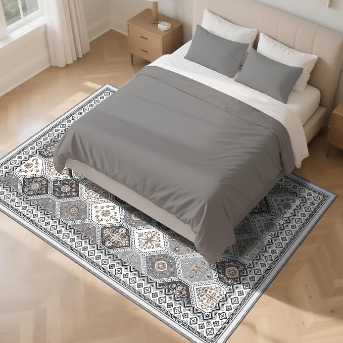 6x9 Area Rugs for Living Room, Non-Slip Vintage Boho Moroccan, Gray/ Gold | TTelephant Soft Low-Pile Printed Washable Gray Rug for Living Room, Bedroom, Dining Room, Playroom