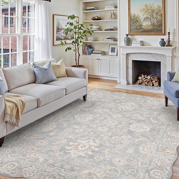 6x9 Blue Cream Washable Scalloped Area Rug for Living Room Bedroom Neutral Floral Soft Non Slip Rug Low Pile Distressed Carpet for Dining Room Nursery Office Indoor