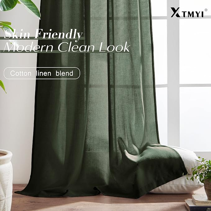 Extra Long 108 Inch Curtains for Large Window,Organic Modern Elegant Decor,Back Tab Pleated Drapes Pretty Linen Sheer Tall Curtains for Living Room Dining Office 2 Panel Set,50 Wide 9 FT,Olive Green