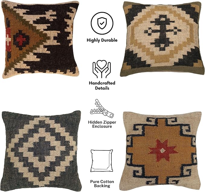 Trade Star 70% Jute 30 Wool Cushion Case Handwoven Pillowcases Throw Pillow Cover Ethnic Rug Pillow Covers Designer Pillow Shams Kilim Cushion Cover Set of 4 Cushion Cases (Kilim 1)