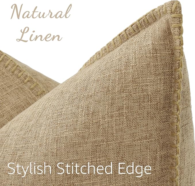 decorUhome Khaki Faux Linen Outdoor Throw Pillow Covers 22x22 Set of 2 | Fall Decorative Textured Neutral Modern Farmhouse Pillow Covers with Stitched Edge for Couch Sofa Bed Living Room